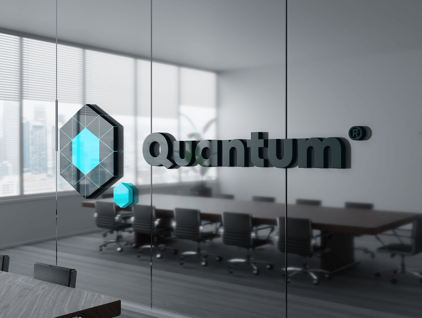 3D Quantum logo on an office glass wall