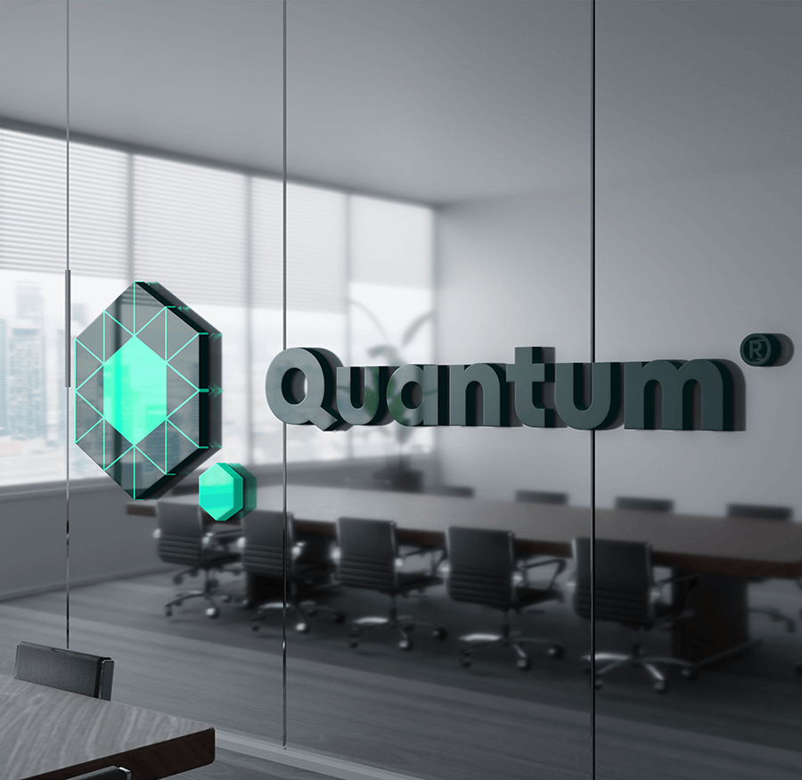 3D Quantum logo on a meeting room glass wall