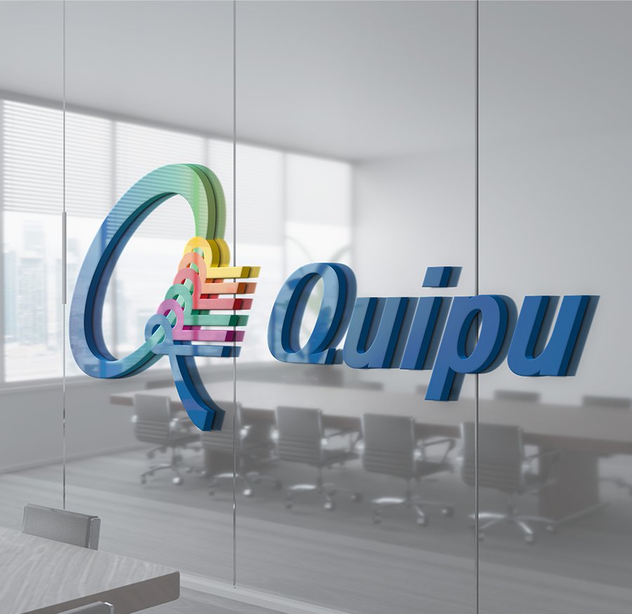 Logo Quipu 3D pe peretele unui birou